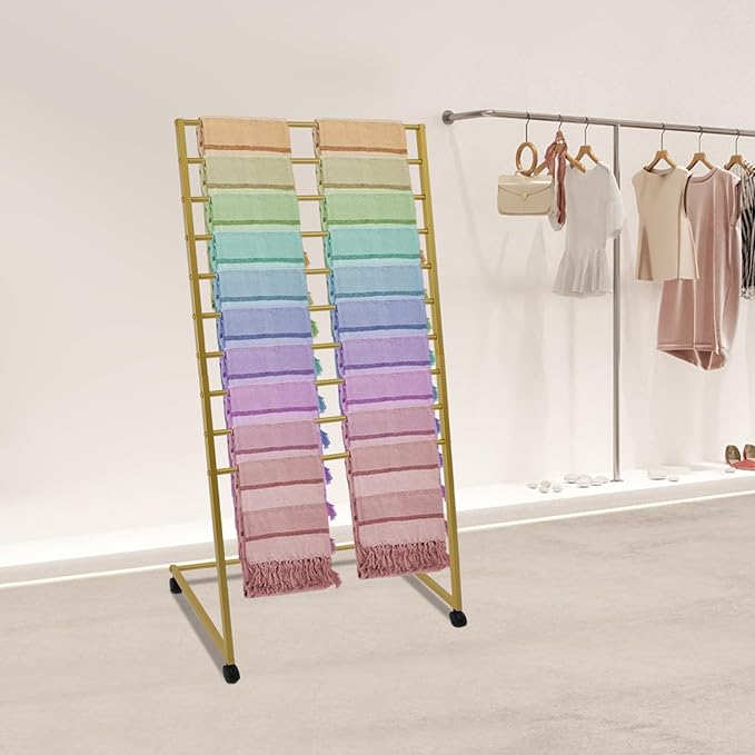 Scarf Organizer Stand, 10-Tier Freestanding Scarf Display Rack with Wheels, Metal Scarf Holder Belt Pants Hanger for Commercial Clothing Retail Store Home, 31.5" L x 15.75" W(Gold)