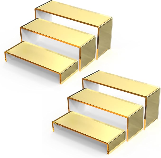 6 PCs Risers Display Stands 3 Tiers Desktop Acrylic Shelves Cake Dessert Holder Products Stand for Collectibles Shoes Jewels Pop Figure (Golden)