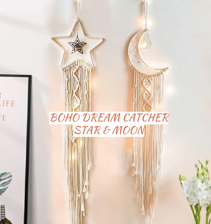 Dream Catchers, Star Moon Dream Catcher with Lights- Macrame Dreamcatcher Bedroom Wall Decor, Girls Room Decor Teenager, Dream Catcher for Girls Boys Adults Mom, Dream Catchers Boho Bedroom Decoration