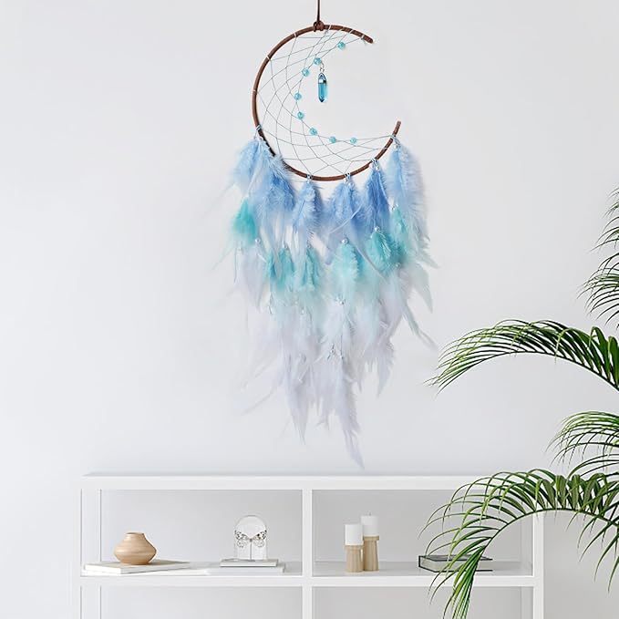 Blue Moon Dream Catcher Wall Decor Feather Dream Catchers with Pendant Handmade Dreamcatcher Wall Hanging Ornament for Bedroom Living Room Home Decor