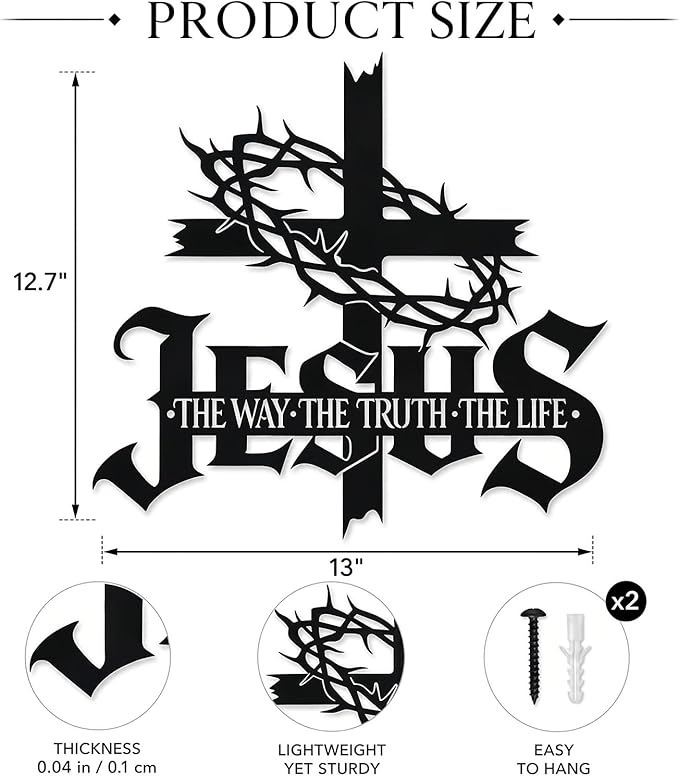 Jesus Wall Art Cross Wall Decor with Crown of Thorns - Metal Christian Wall Art "The Way The Truth The Life" Sign, Black Iron Religious Wall Art & Christian Wall Decor for Home Living Room Church