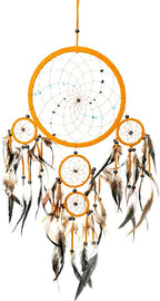 OMA Dream Catcher Wall Hanging - Boho Dream Catcher Wall Decor with Tiger Eye Stones and Feathers - Brown Suede Traditional Design - Perfect Bedroom Decoration and Gift - Large 28"x9" (3 Stone)
