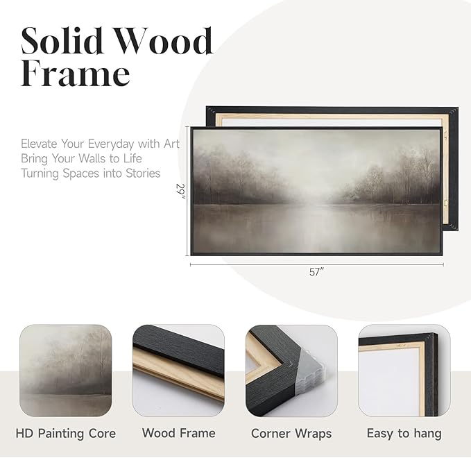 Framed Abstract Landscape Wall Art for Living Room, Extra Large Brown Misty Lake Trees Canvas Artwork for Walls, Horizontal Minimalist Wabi Sabi Painting Print for Bedroom Office Wall Decor, 30x60 In