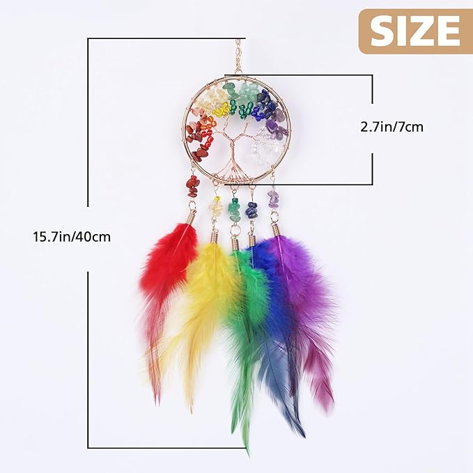 Pretty Jolly Small Tree of Life Crystal Stone Dream Catchers Rainbow Feathers Mini Dreamcatchers for Cars Rear View Mirror Hanging Decoration Good Luck Travel Charm Bedroom Ornaments for Women Girls