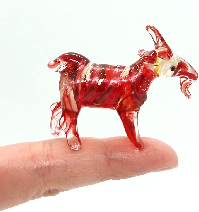 Goat Tiny Figurines Animals Hand Blown Color Glass Art Collectible Gift Home Décor (Red)