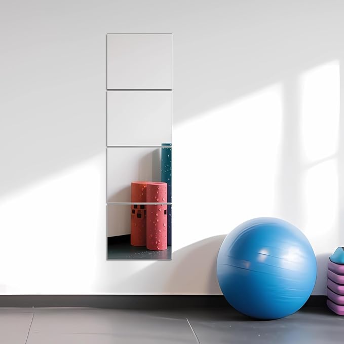 Ruomeng Full Length Mirror Tiles - 14" x 12" x 4Pcs Gym Mirror Frameless Wall Mirror for Home Gym, Door, Bedroom, Living Room