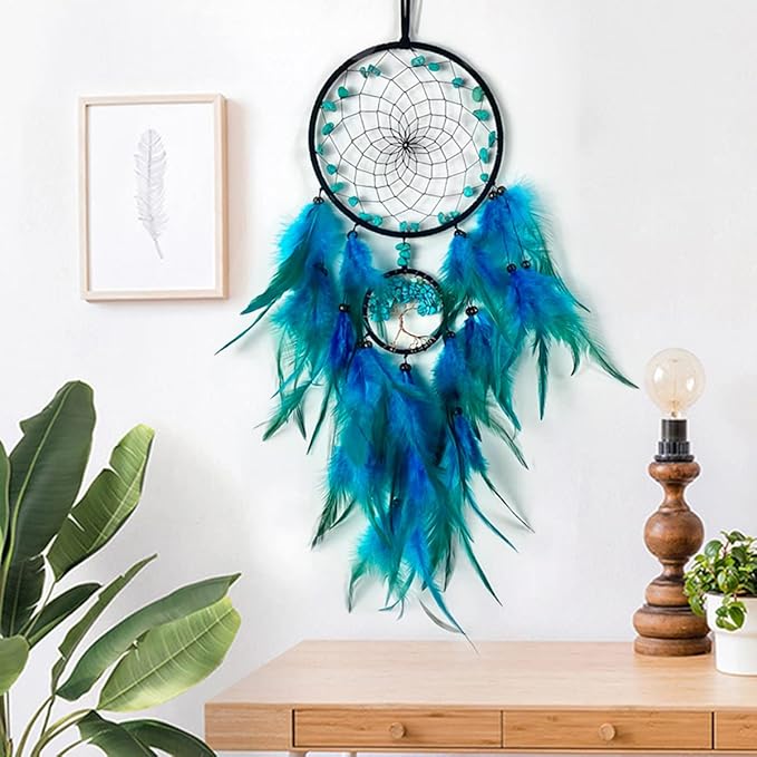 Dream Catcher, Handmade Dreamcatcher with Healing Crystal Stone, Tree of Life Dream Catchers Hanging Ornament for Home Bedroom Birthday Party, Perfect Craft Gift for Kids (Green)
