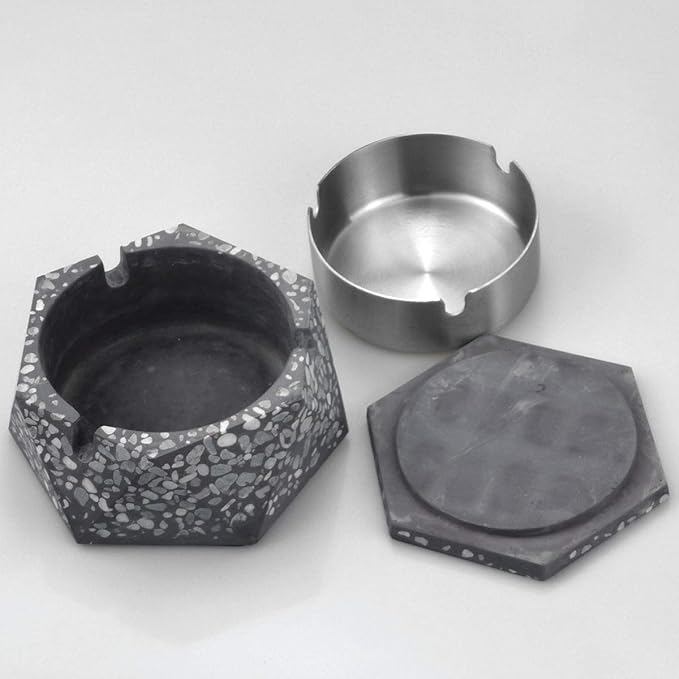 FREELOVE Concrete Ashtray with Lid & Stainless Steel Ashtrays for Cigarettes, Cement Ash Tray Smoking Holder Indoor Smokeless Outdoor Windproof Patio Home Office Cool Decor(Stone Grey, Small)