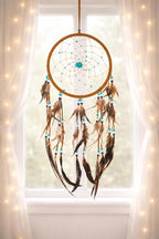 OMA Large Dream Catcher – Brown Suede with Turquoise Stones and Feathers, Traditional Dreamcatcher for Bedroom, Living Room, Dorms & Gift, Size - 28” x 9”
