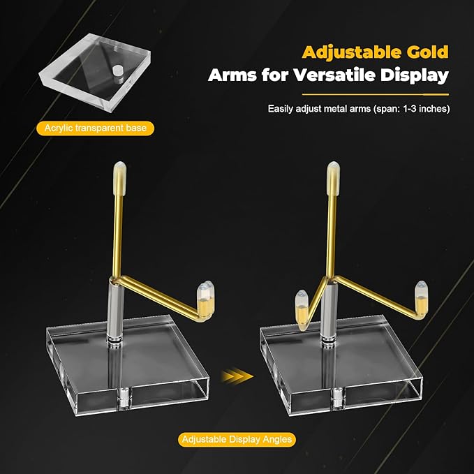 Rock Display Stand, Crystal Display Stand, Mini Easel Stand with Clear Acrylic Base and Adjustable Metal Arms for Geode Mineral Fossil Agate, Small Collectibles, 2x2x3 Inch, 2 Pack