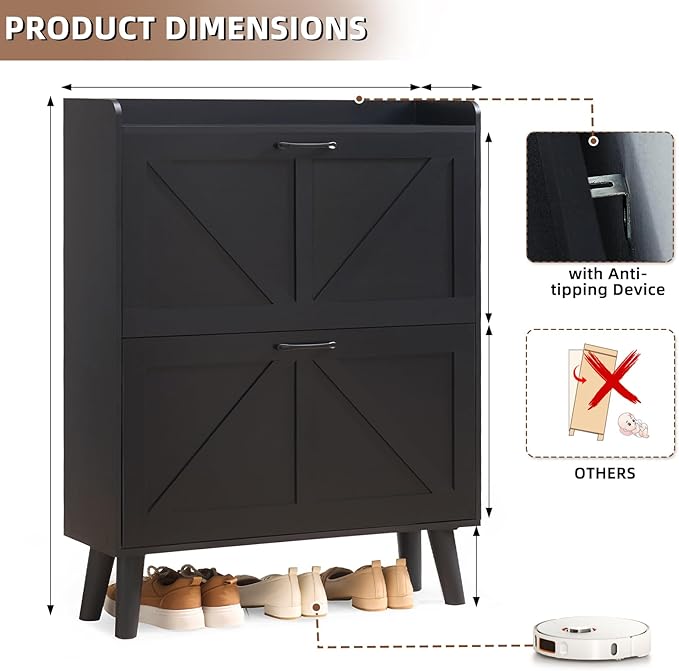 LEYAOYAO Shoe Storage Cabinet with 2 Flip Drawers，Narrow Shoe Storage Cabinet Organizer with Legs for Entryway Hallway, Living Room, Bedroom，Hidden Slim Storage Narrow Shoe Rack Cabinet,Black