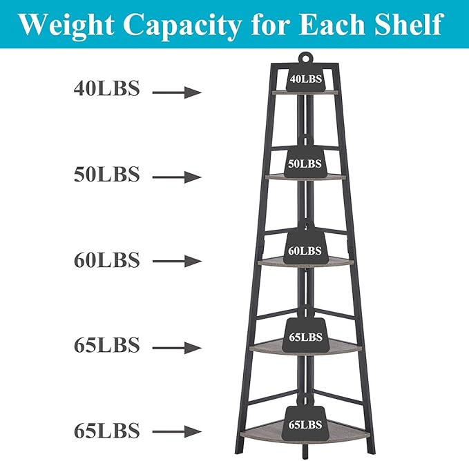 BON AUGURE Rustic Tall Corner Bookshelf, 5 Tier Wood and Black Metal Corner Ladder Shelf, Industrial Corner Bookcase and Gray Corner Shelf for Living Room, Bathroom, Kitchen (Dark Gray Oak)