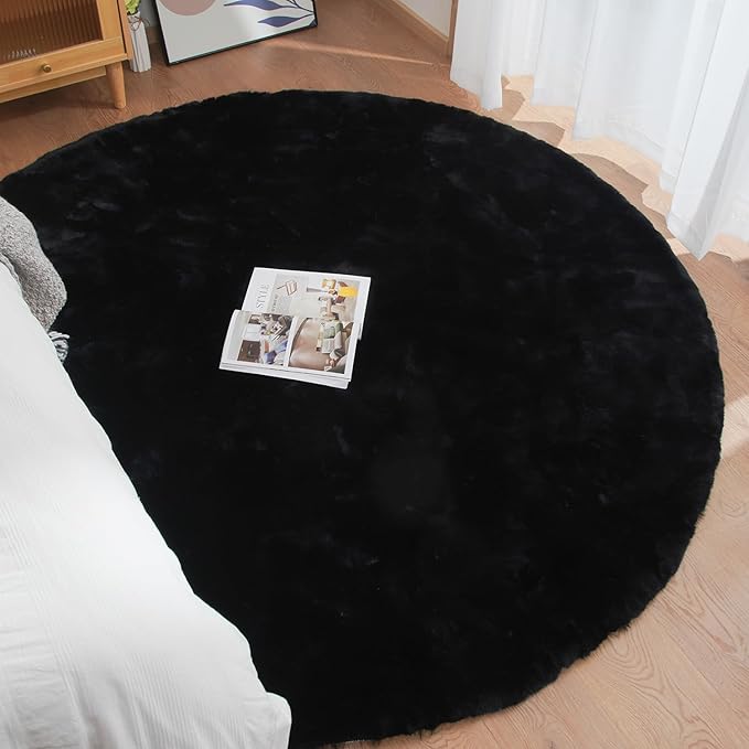 Black Round Plush Rugs for Bedroom Faux Bunny Fuzzy Washable Fur Area Rugs for Living Room Small Circle Nursery Rug 4ft Cute Room Décor