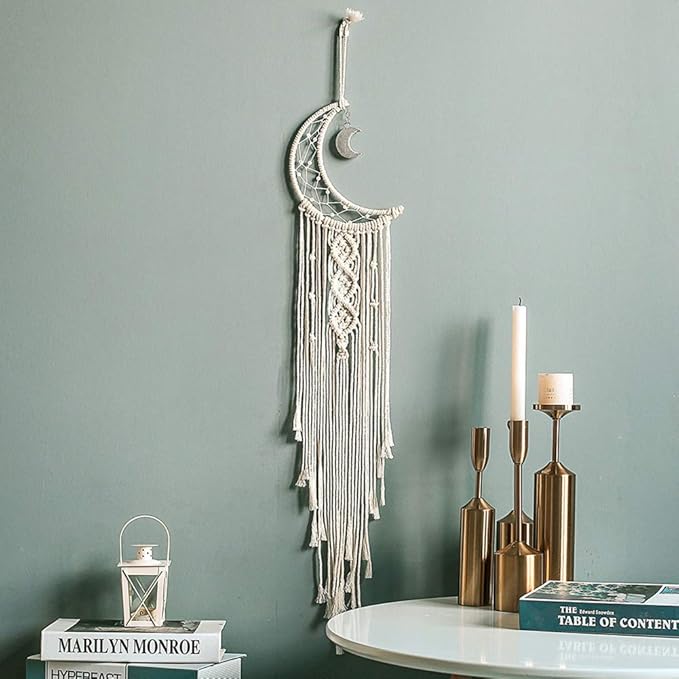 MOONFLY Dream Catcher with Handmade Moon Star Design Woven Cotton Macrame Wall Hanging Boho Home Decoration Ornament Craft Gift for Bedroom Living Room Wedding Party (White Moon)