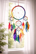 OMA Rainbow Chakra Dream Catcher Wall Decor – Handcrafted Dream Catcher with Multicolor Tie Dye Feathers for Bedroom, Living Room, Dorms & Gift – 7" Diameter x 22" Long