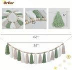 DrCor Sage Green Tassel Garland – Boho Classroom Decor, Bulletin Board Decorations, Nursery Wall Hanging, Neutral Kids Room Decor, Baby Shower, Back to School Banner