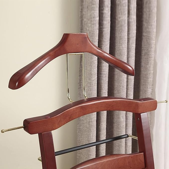 Wooden Suit Valet Stand with Contour Hanger Tie Bar Belt Hooks Chair Valet with Drawer Freestanding Clothes Stand Standing Hanger for Living Room, Entryway, Bedroom(Light Brown)