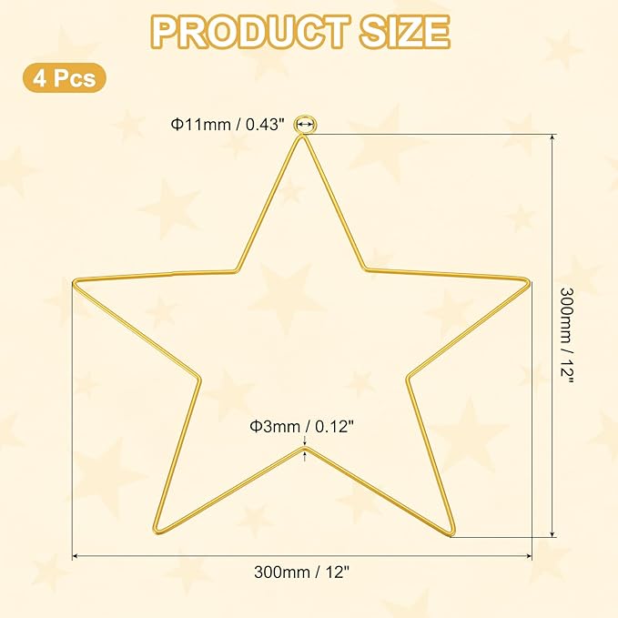 MECCANIXITY 4 Pcs Star Dream Catcher Rings, 12" Dream Catcher Metal Hoops Macrame Wreath Rings Pentagram Floral Hoops for DIY Craft Making Home Wedding Wall Hanging Decoration, Gold