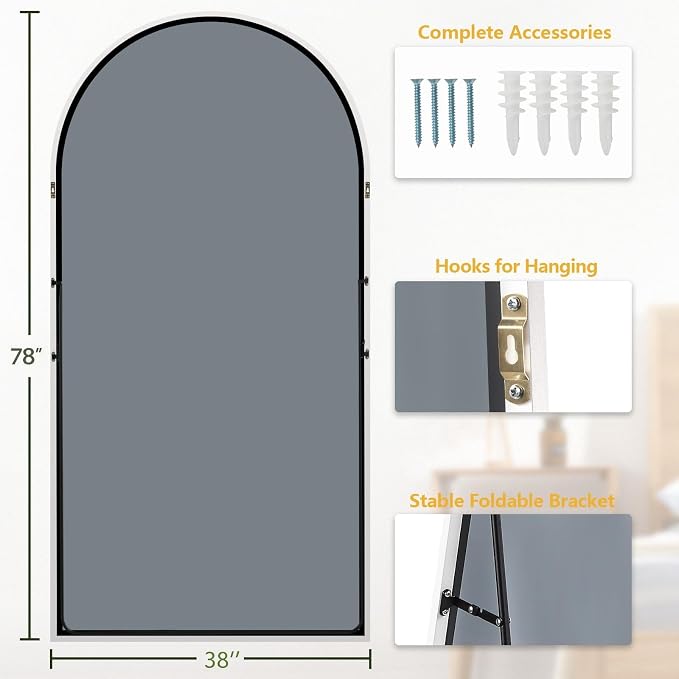 Dewfig Arched Full Length Mirror, 78"x38" Large Floor Mirror with Stand, Oversized Full Body Mirrors for Leaning or Hanging, Wall Mounted Mirrors for Bedroom, Living Room,Dressing Room, White
