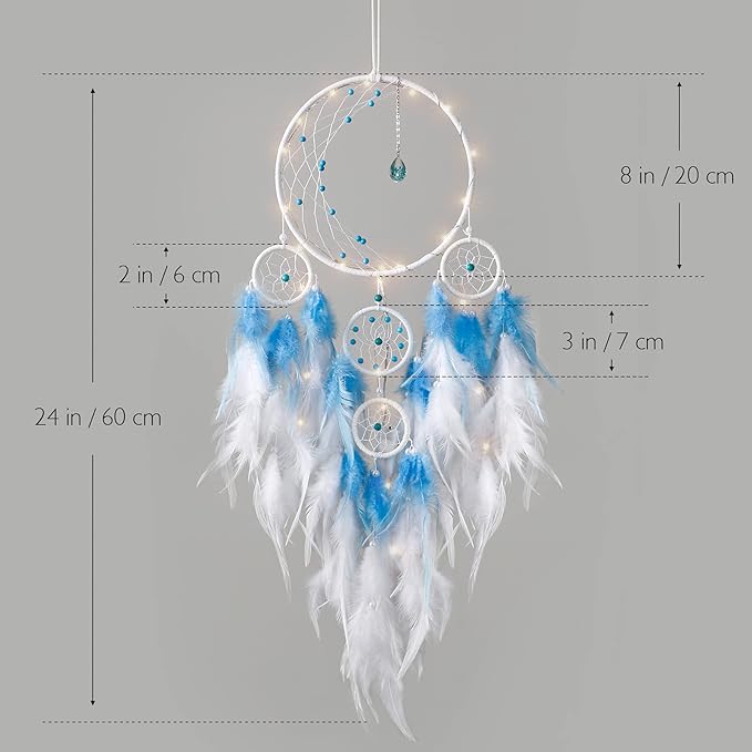 KHOYIME LED Light Up Dream Catcher Half Circle Moon Decor with Lights Handmade Feather Dreamcatchers for Bedroom Bohemian Home Decor Wedding Ornament Craft Gift for Girls Boys (Blue)