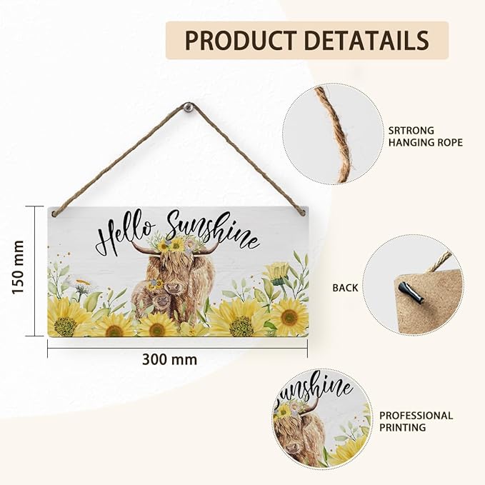 Mtrgdn Summer Sunflower Highland Cow Decor,Highland Cow Wood Wall Hanging Sign,Gifts for Western Cow Lovers,Rustic Wooden Hanging Sign for Farmhouse Kitchen Decor,12x6 Inch