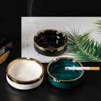 Saim Round Ceramic Gold Edge Cigar Ashtray for Cigar, Desktop Smoking Ash Tray Home Office 3.7" ×1.5" (Black)