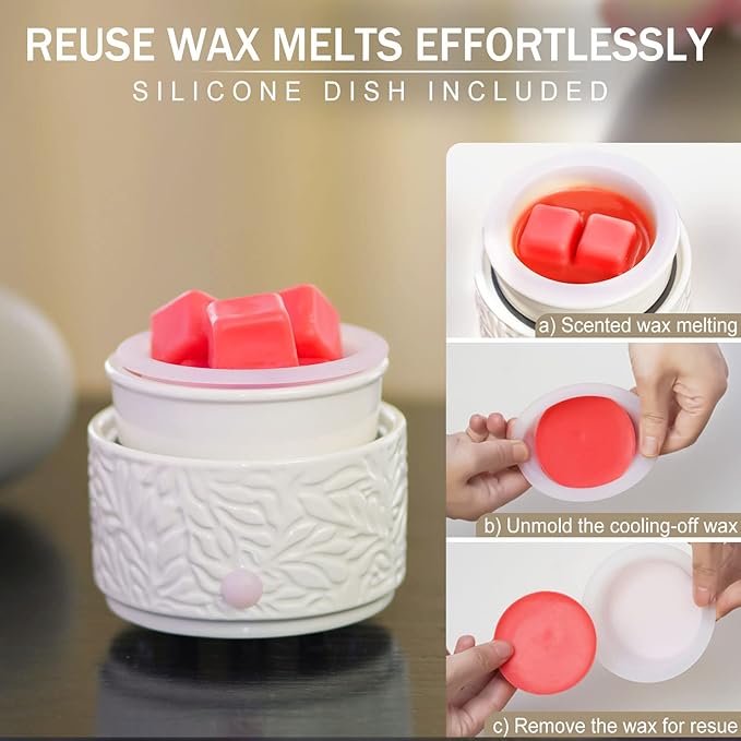 Electric Wax Melt Warmer with Silicone Liner, 3-in-1 Ceramic Scented Wax Burner for Home Aromatherapy, Fast Melting Fragrance Warmer for Essential Oils & Wax Cups, Flame for Women,