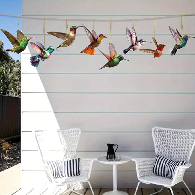 Bird Acrylic Hanging Ornament - 8Pcs Flying Birds Christmas Tree Ornaments, Xmas Tree Ceiling Pendants with Lanyard Tote Rearview Mirror Window Charms Gift for Men Women (Hummingbird 2)