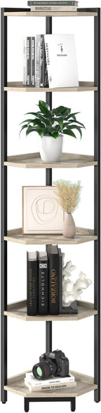 Hzuaneri Corner Shelf Stand, Corner Bookshelf, Storage Standing Shelf Unit with Metal Frame, Plant Stand, Bookcase for Living Room, Home Office, Bedroom, 6-Tier Greige CS06005B