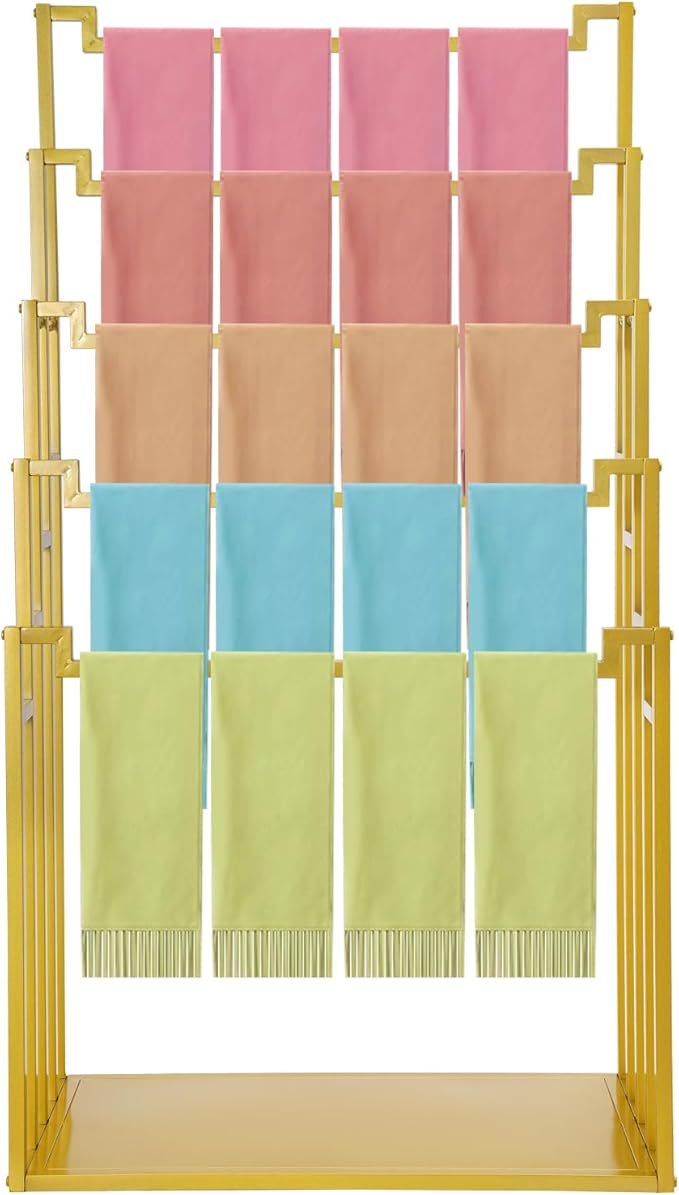 Scarf Organizer Stand, 5-Tier Freestanding Scarf Display Rack, Metal Scarf Holder Belt Pants Hanger for Commercial Clothing Retail Store Home, Space Saving Shelves, 31.5" x 15.75" x 59"(Gold)