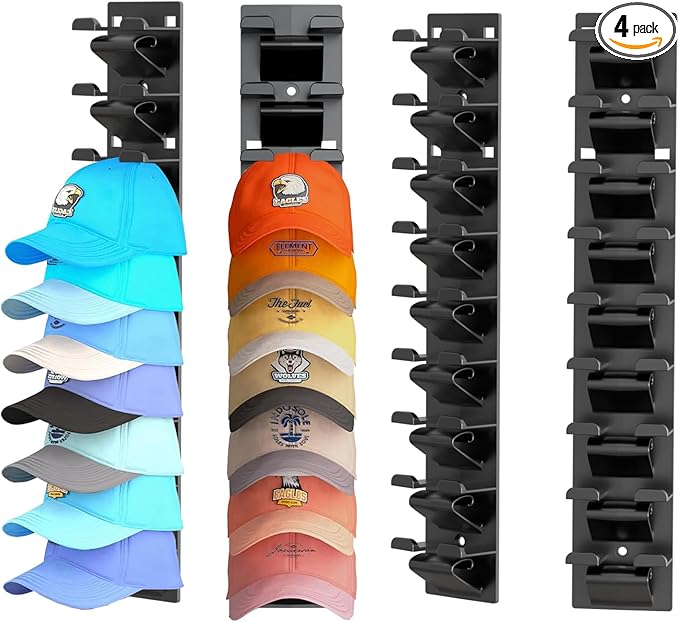 4 Pack Hat Organizer for Baseball Caps, Hat Organizer for Wall Hold up to 36 Hats, Wall-Mounted Hat Display Stand, Hat Rack, Baseball Hat Organizer, Black