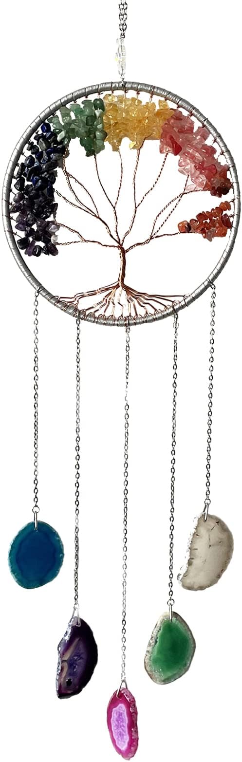 Gem Dream Catchers Agates 7 Chakra Gemstone Wall Hangings Tree of Life Meditation Ornament Home Chakra Feng Crystals Decor Stone…