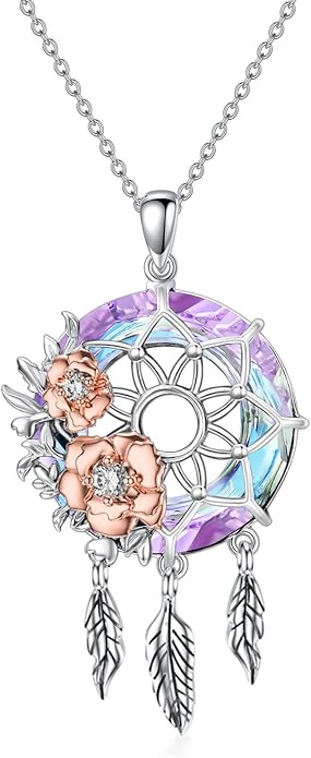 Dream Catcher Pendant Necklace 925 Sterling Silver Synthetic Moonstone Crystal Sunflower Rose Flower Evil Eye Dreamcatcher Cremation Jewelry Gifts for Women Wife Mom