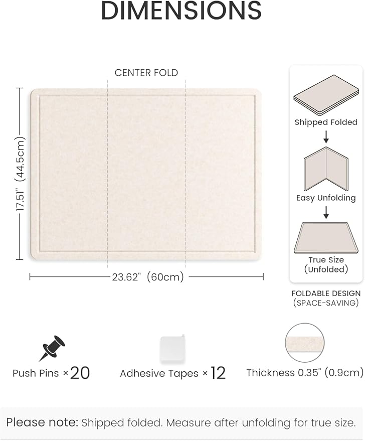 Fluxynara Bulletin Board, 23.6" x 17.5" Cork Board Alternative with 12 Safe Removable Adhesive Tabs, Foldable Felt Pin Board for Home Office, Classroom, Bedroom,Entryway for Walls—Oatmeal
