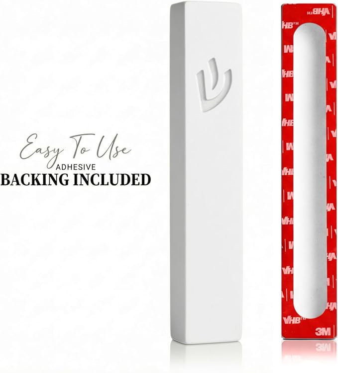 Mezuzah SURI for Door – 5 Inch White Concrete Mezuzah Case with Printed Scroll, Self-Stick Jewish Entry Design, Fits a 4 Inch Scroll, Gift Box Included