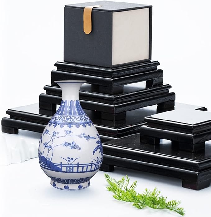 MDEOOSKY Wooden Display Stand Rectangle Wood Display Base Display Risers Rectangle Vase Riser Teapot Aquarium Lamp Base Home Decoration 5.12" W x 3.74" D x 1.69" H (Black)
