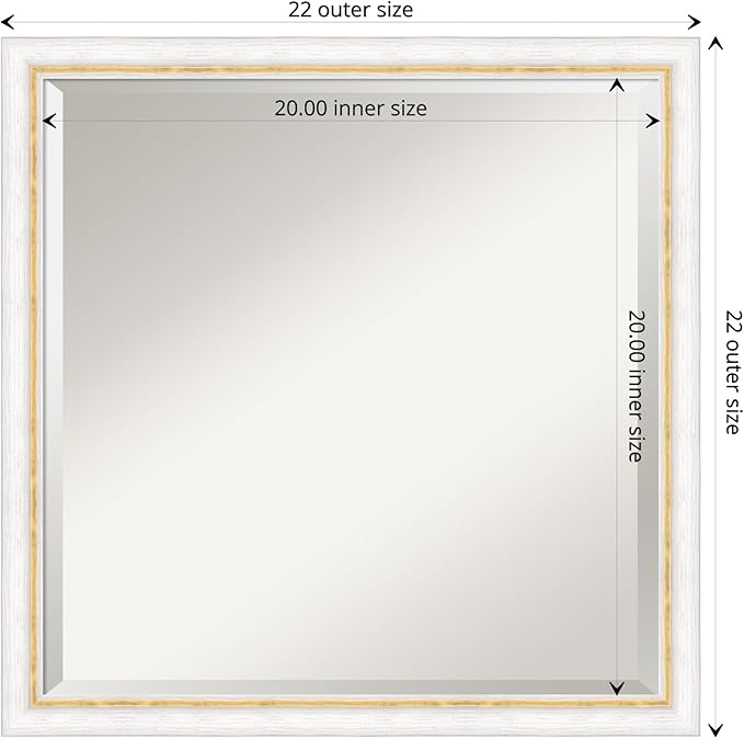 Amanti Art White Wall Mirror 22x22 Morgan White Gold Square Bathroom Mirror for Wall Decor Living Room, Medium Modern Wood Frame, Hangs Horizonally and Vertically, Bathroom Decor, Beveled Edge
