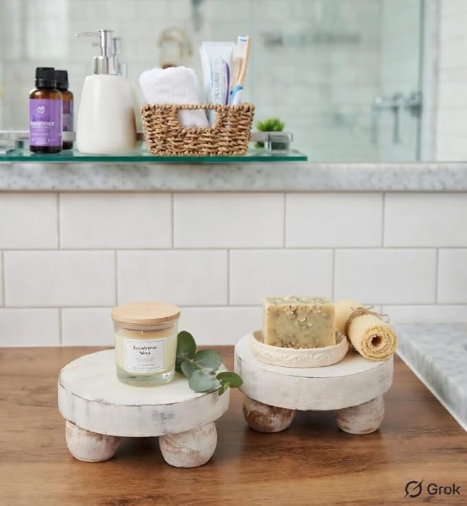 Housewarming Gifts Set of 2 Wood Display Stand Home Decor Display Risers Round Pedestal Bathroom Accessory Holder Plant Holder Table Top Kitchen Multi Purpose Organiser Set