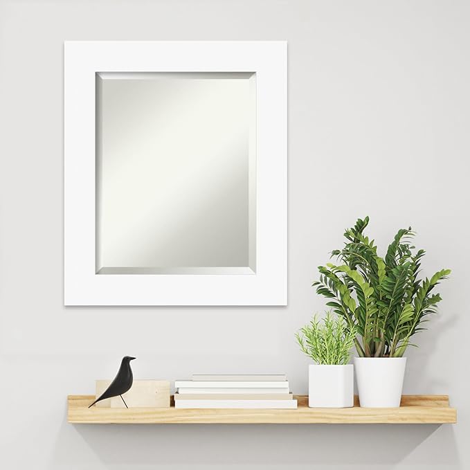 Amanti Art White Wall Mirror 25x21 Basic White Rectangle Bathroom Mirror for Wall Decor Living Room, Small Casual Wood Frame, Hangs Horizonally and Vertically, Bathroom Decor, Beveled Edge