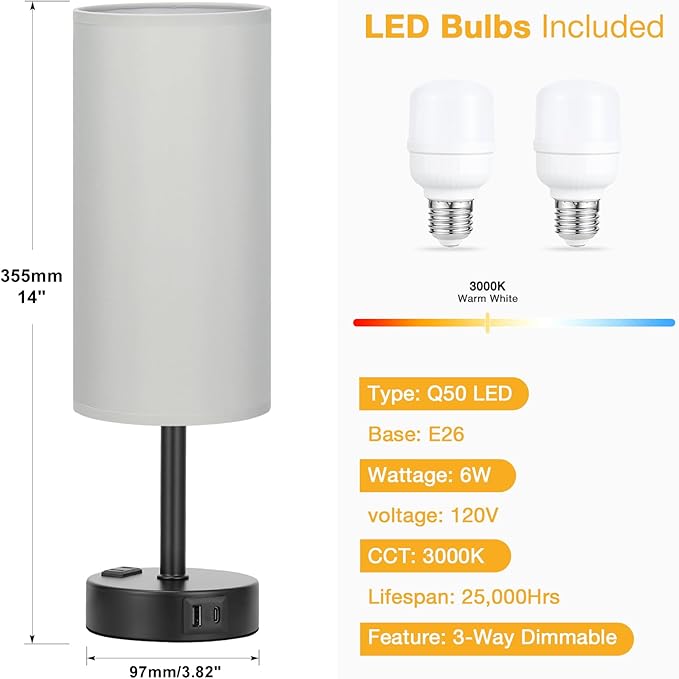PartageiZ Grey Touch Table Lamps Set of 2-3 Way Dimmable Bedroom Lamps for Bedside with USB C and A Ports, Small Nightstand Lamps with AC Outlet, Desk Lamps with Black Base for Office Boys