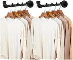 Industrial Wall Pipe Clothes Bar - Heavy Duty Metal Coat Hanger with Hook, Wall-Mounted Garment Holder Racks,Wall Clothing Racks/Hanging Rail, 4Pcs