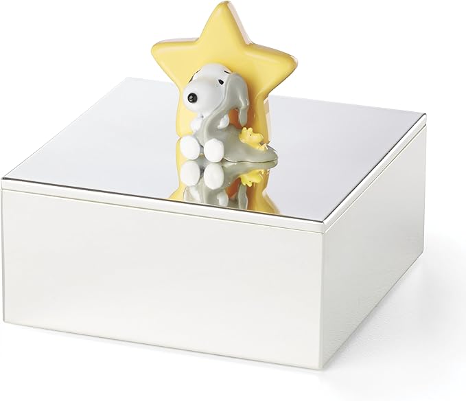 Reed And Barton Home Decor, Little Snoopy Keepsake Box, Made Of Metal, Spot Clean, Room Decor, Organization And Storage Box For Keepsakes & Memories, Peanut Snoopy Design (Silver And Yellow, 1 Piece)