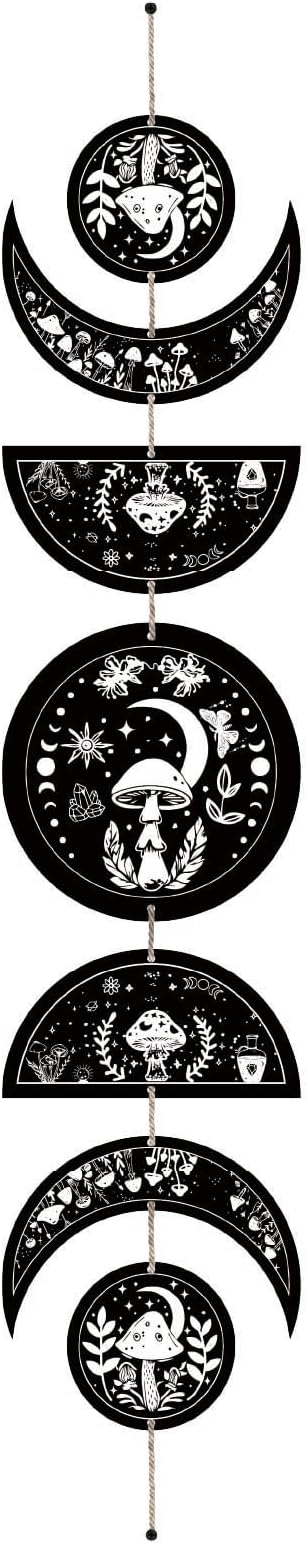 CREATCABIN 7Pcs Mushroom Tarot Moon Phase Hanging Moon Cycle Wall Decoration Wooden Half Round Pendant Ramadan Halloween Fall Home Ornament for Bedroom Farmhouse Gallery Apartment Bar 37.1x6.3in