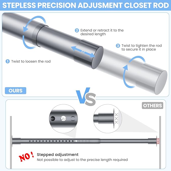 Closet Rods for Hanging Clothes, 17 to 84 Inches No-Cut Stepless Adjustable Closet Rod, 1.3 Inches Expandable Metal Heavy Duty Closet Hanging Rod for Closet Wardrobe Bathroom Laundry RV, Silver