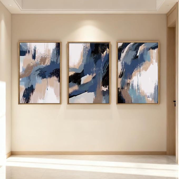 Extra Large Blue Neutral Wall Art Modern Abstract Wall Painting Framed Blue Artwork Abstract Blue Wall Decor Modern Abstract Art Prints Neutral Abstract Paintings for Living Room Bedroom Office 24x36 Inch Set of 3