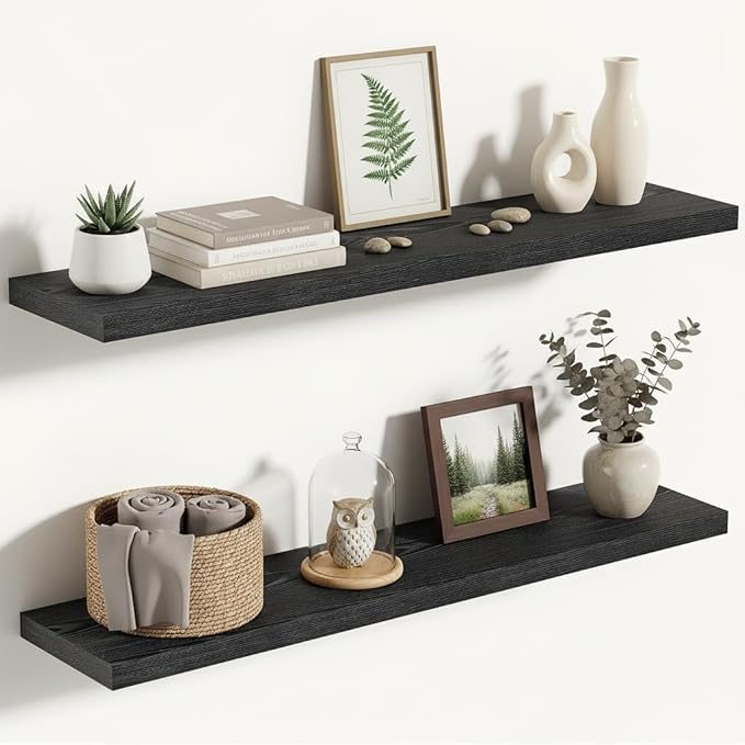Vivelove 36 Inches Floating Shelves Wall Mounted, 10" Deep Wall Shelves for Bedroom, Bathroom, Living Room, Kitchen, Office, Home Decor, Modern Shelf, Set of 2, Black, 36x10.2x1.5