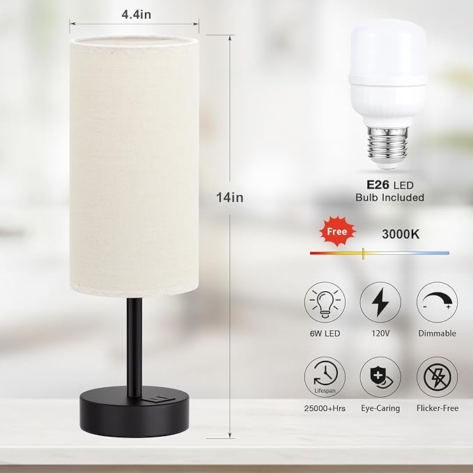 Dicoool Beige Touch Lamp for Bedroom with USB - 3 Way Dimmable Table Lamp for Nightstand, Small Lamp with Black Charging Station for Desk Dorm, Office, Nursery