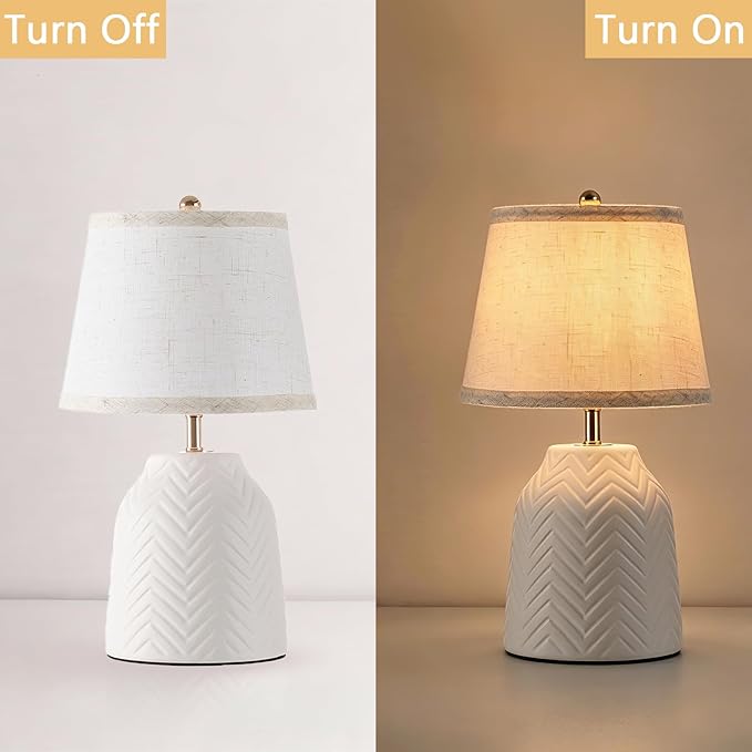 SOTTAE 14'' White Ceramic Table Lamp with Linen Fabric Shade, Leaf Patterned Ceramic Desk Lamp, Mid Century Modern Bedside Nightstand Lamp for Bedroom Living Room Reading Room
