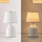 SOTTAE 14'' White Ceramic Table Lamp with Linen Fabric Shade, Leaf Patterned Ceramic Desk Lamp, Mid Century Modern Bedside Nightstand Lamp for Bedroom Living Room Reading Room