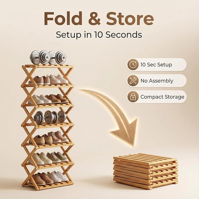 The 9-Tier No-Assembly Bamboo Rack, 3-9 Tiers Bamboo Shoe Rack, Foldable Bamboo Vertical Shoe Organizer, Multifunctional & Space-Saving, For Entryway, Closet, Corner, Bedroom, Hallway (Wood, 6Tiers)